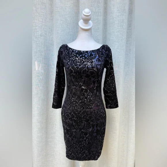 Just Cavalli black blue sequins velvet flocking long sleeve mini dress